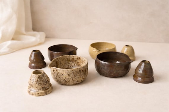 Handmade Matcha Bowl Sets – Rustic Wabi-Sabi Chawan, Stoneware Japanese Tea Bowl and Whisk Holder