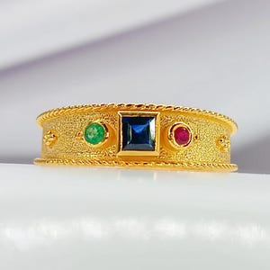 18K Solid Yellow Gold Byzantine Ring with Sapphire, Ruby & Emerald.