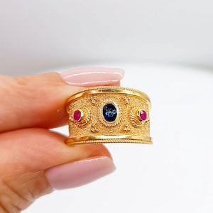 18K Solid Yellow Gold Byzantine Ring • Rubies & Sapphire • Gold Etruscan Rubies Sapphire Ring • Medieval Ring • Gold Vintage Byzantine Ring