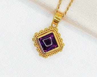 18K Solid Gold Amethyst Pendant, Byzantine Gold Pendant, Purple Gemstone Pendant, Statement Gold Necklace, Luxury Jewelry