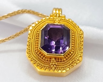 18K Solid Gold Amethyst Byzantine Pendant, Statement Necklace Jewelry