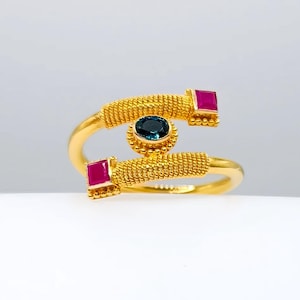 18K Solid Yellow Gold Byzantine Ring With Rubies and Sapphire.