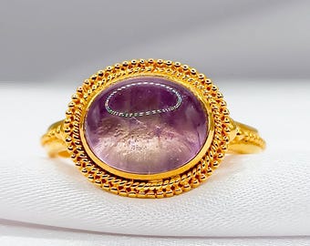 18K Solid Gold Amethyst Ring, Byzantine Style Statement Ring, Large Purple Gemstone Jewelry