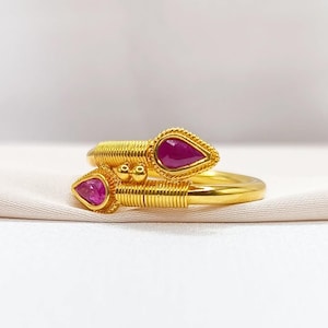 18K Solid Yellow Gold Byzantine Ring with Ruby.