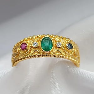 18K Solid Gold Byzantine Ring: Diamond, Sapphire, Ruby, Emerald