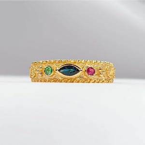 18K Solid Yellow Gold Byzantine Ring with Sapphire, Ruby, and Emerald.