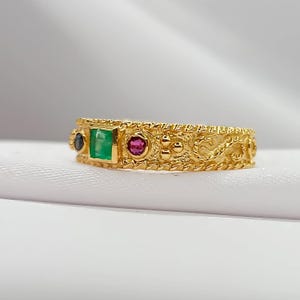 18K Solid Yellow Gold Byzantine Ring with Sapphire,Ruby And Emerald.