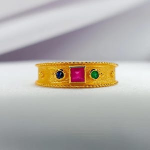 18K Solid Gold Byzantine Ring: Ruby, Emerald & Sapphire