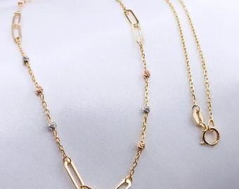 Solid 14K Gold Paperclip Chain Necklace, Three-Tone Diamond Cut Ball Accents