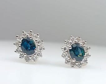 18K White Gold Sapphire Diamond Halo Earrings, Blue Gemstone Statement Jewelry