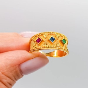18K Solid Yellow Gold Byzantine Ring With Ruby,Emerald and Sapphire.