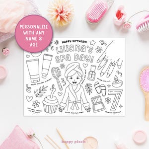 Napperon personnalisé à colorier pour fête d&#39;anniversaire au spa, feuille d&#39;activités imprimable personnalisée pour se faire dorloter