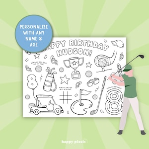 Golf Personalized Coloring Placemat, Printable Digital Download, Custom Kids Birthday Activity Sheet Party Favor, Let’s Par-tee Mini Golf