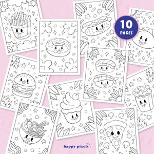 10 lindas páginas para colorear de comida kawaii, lindas páginas para colorear de postres de comida rápida para imprimir para niños y adultos, tamaño de carta 8.5x11", descarga digital