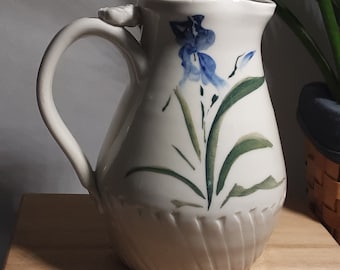 Porcelain pitcher,ceramic pitcher, wheel thrown, hand painted,blue,green,white, Iris, floral ,cream,syrup, pitcher,small pottery pitcher