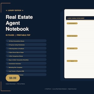 May include: A digital Real Estate Agent Notebook with a dark blue background and white text. The notebook includes 55 pages and printable PDF files. The notebook includes client consultation sheets, property listing worksheets, and more.