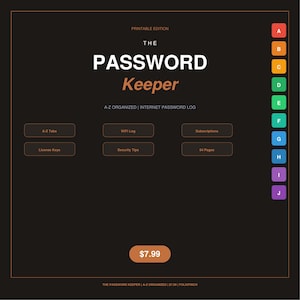 May include: A printable password keeper with a black background and an orange border. The title "The Password Keeper" is displayed in white and orange. It includes sections for A-Z tabs, WiFi logs, and subscriptions. The text "A-Z Organized | Internet Password Log" is also visible.