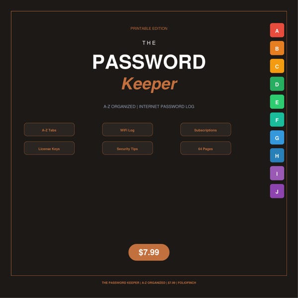 Libreta de contraseñas imprimible: organizador de la A a la Z, registro de WiFi, seguimiento de suscripciones (PDF digital)
