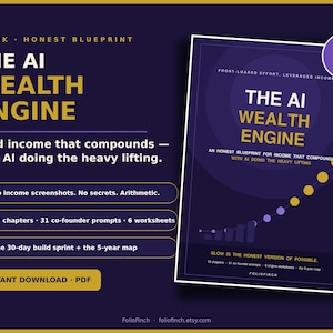 Peut inclure: Un ebook numérique intitulé The AI Wealth Engine, avec une couverture violet foncé et du texte doré, un graphique de croissance et une indication de 41 pages. La mise en page inclut des points détaillant 12 chapitres, 31 prompts et 6 feuilles de travail.
