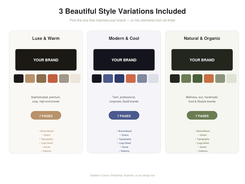 May include: A graphic design showcasing three style variations: Luxe & Warm, Modern & Cool, and Natural & Organic. Each includes a color palette, brand board, and typography. The text reads "YOUR BRAND" and "7 PAGES".