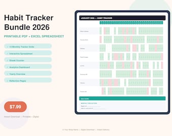 2026 Printable Habit Tracker Bundle: PDF Planner, Excel Spreadsheet (Digital Download)