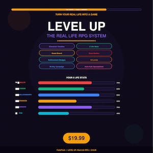 Peut inclure: Graphique bleu foncé avec le texte "LEVEL UP" et "THE REAL LIFE RPG SYSTEM". Comprend la création de personnage, les statistiques de vie, le tableau des quêtes et les badges de réussite. Affiche des barres de statistiques de vie pour la santé, la carrière, les relations, les finances, la croissance et le plaisir.