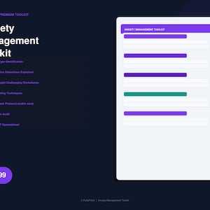 Kit de herramientas para la ansiedad Cuaderno de trabajo de TCC Planificador de manejo de la preocupación Guía para ataques de pánico Hojas de trabajo para desafiar los pensamientos Técnicas de conexión con el presente Habilidades de afrontamiento