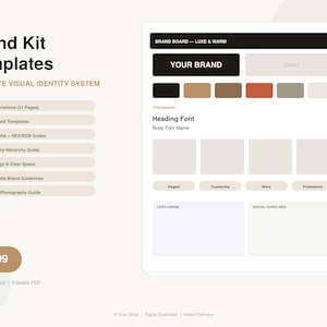 May include: A digital brand kit template with a complete visual identity system. The design includes a brand board, color palette, typography guide, and social media guidelines. The color scheme features neutral tones with accents of rust and brown.