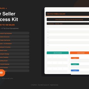 May include: A digital Etsy Seller Success Kit with a dark background and white text. The kit includes a 37-page PDF and a 6-tab Excel spreadsheet. The kit's features include an SEO title formula, listing optimization, and analytics dashboard.