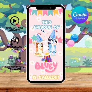 Modello di invito per cane blu, invito animato modificabile per ragazze, invito video digitale per compleanno, inviti per feste di compleanno, download immediato da Canva