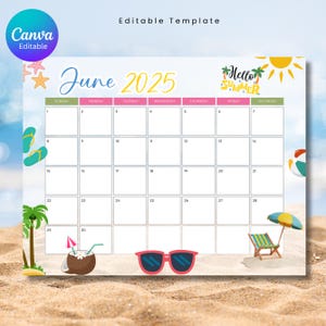 EDITABLE June 2025 Wall Calendar, Printable Classroom Calendar, Cute Summer Calendar with Sunglasses, Monthly Calendar, Family Calendar