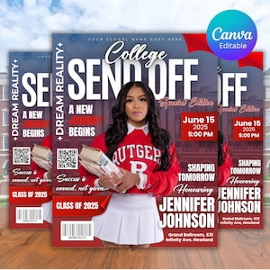 Editable College Send Off Evite, Farewell Party Invite, DIY Trunk Party Flyer, Red Magazine Cover, Goodbye Graduation Celebration