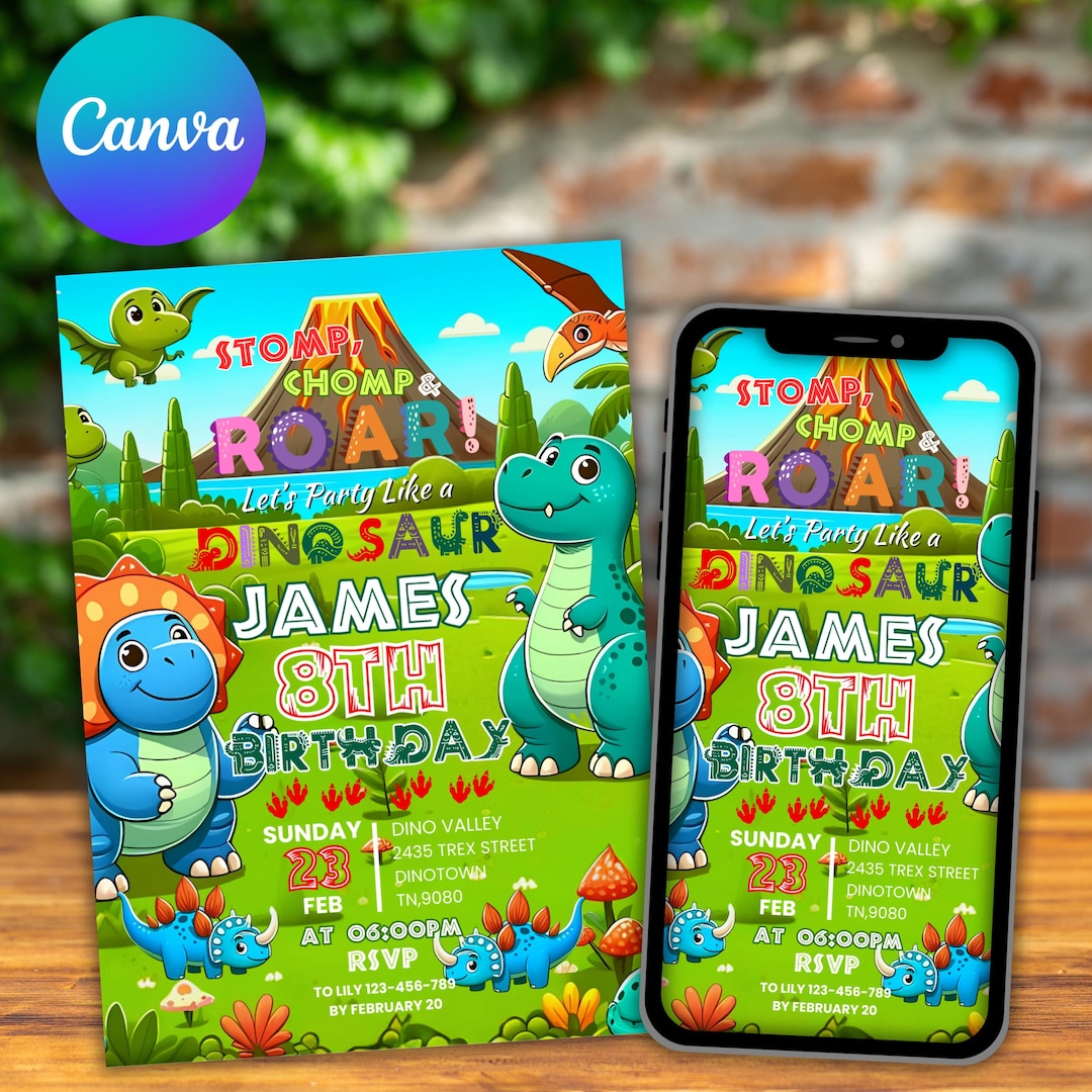 Editable Dinosaur Birthday Party Invitation Template, Editable ...