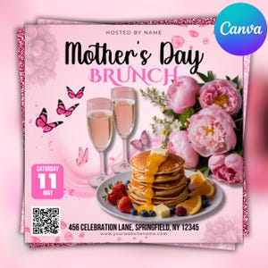 Convite para brunch de dia das mães, modelo digital editável, convite personalizado para brunch com flores de peônia, convite eletrônico de 5 x 7 polegadas, impressão instantânea, faça você mesmo