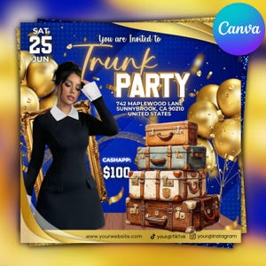 Trunk feestfolder, afscheidsfeestje uitnodiging, flyer voor DIY kofferbakfeest, uitnodiging afstudeerfeest, uitnodiging college, uitnodiging op canvas, bewerkbaar op canvas