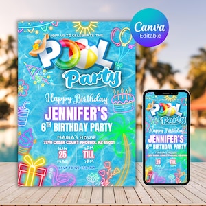 Pool Party Invitation, Summer Birthday Party Evite, Text Invitation, Pool Party Invitation, Electronic Invite, Canva Editable