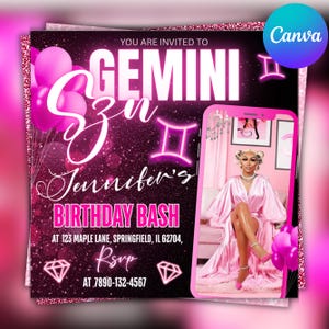 Pink Gemini Birthday Flyer, Gemini Bash Flyer, Birthday flyer, Birthday Girl, Party Flyer,Celebration Flyer, Birthday Event,Pink Birthday