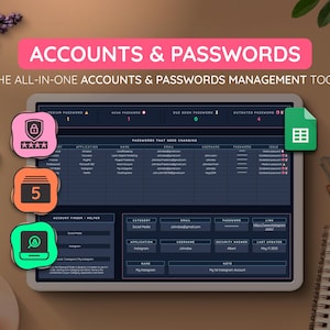 Wachtwoordtracker voor Google Spreadsheets: beveiligd accountlogboek (digitale download)