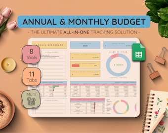 Annual Budget Planner Google Sheets | Bill Tracker, Savings, Net Worth (All Currencies)