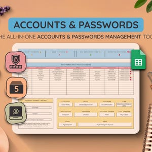 Accounts en wachtwoordtracker voor Google Spreadsheets | Spreadsheetsjabloon wachtwoordlijst met accounttracker en wachtwoordlogboek
