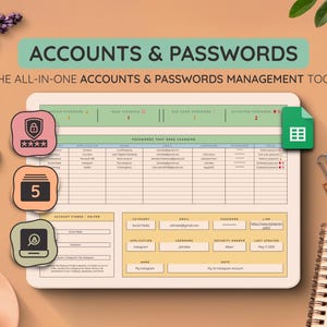 Accounts en wachtwoordtracker voor Google Spreadsheets | Spreadsheetsjabloon wachtwoordlijst met accounttracker en wachtwoordlogboek