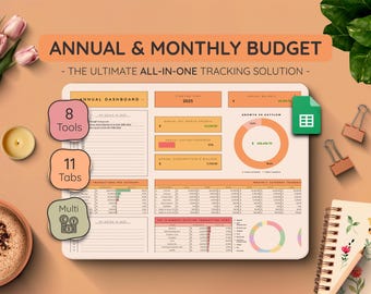 Annual Budget Planner Google Sheets | Bill Tracker, Savings, Net Worth (Digital Download)