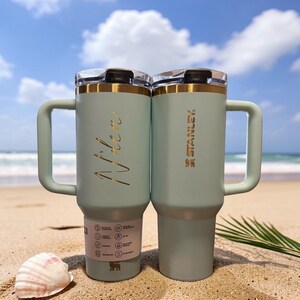 Personalized Stanley 40oz tumbler with custom engraved name, perfect gift for mom or women. Ideal for daily use and personalized gifting.