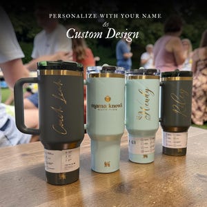 Personalized Stanley 40oz tumbler with handle and flip straw lid featuring custom name and design laser engraved on insulated stainless steel cup, perfect gift for her or him, reusable travel drinkware for hot and cold beverages with durable finish and stylish look, custom engraved tumbler ideal for birthdays, holidays and special personalized gifting