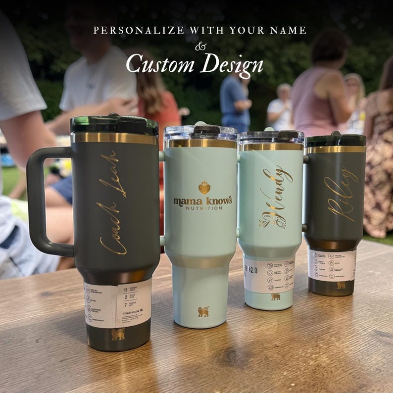 Personalized Stanley 40oz tumbler with handle and flip straw lid featuring custom name and design laser engraved on insulated stainless steel cup, perfect gift for her or him, reusable travel drinkware for hot and cold beverages with durable finish and stylish look, custom engraved tumbler ideal for birthdays, holidays and special personalized gifting