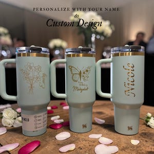 Personalized Stanley 40oz tumbler with handle and flip straw lid featuring custom name and design laser engraved on insulated stainless steel cup, perfect gift for her or him, reusable travel drinkware for hot and cold beverages with durable finish and stylish look, custom engraved tumbler ideal for birthdays, holidays and special personalized gifting