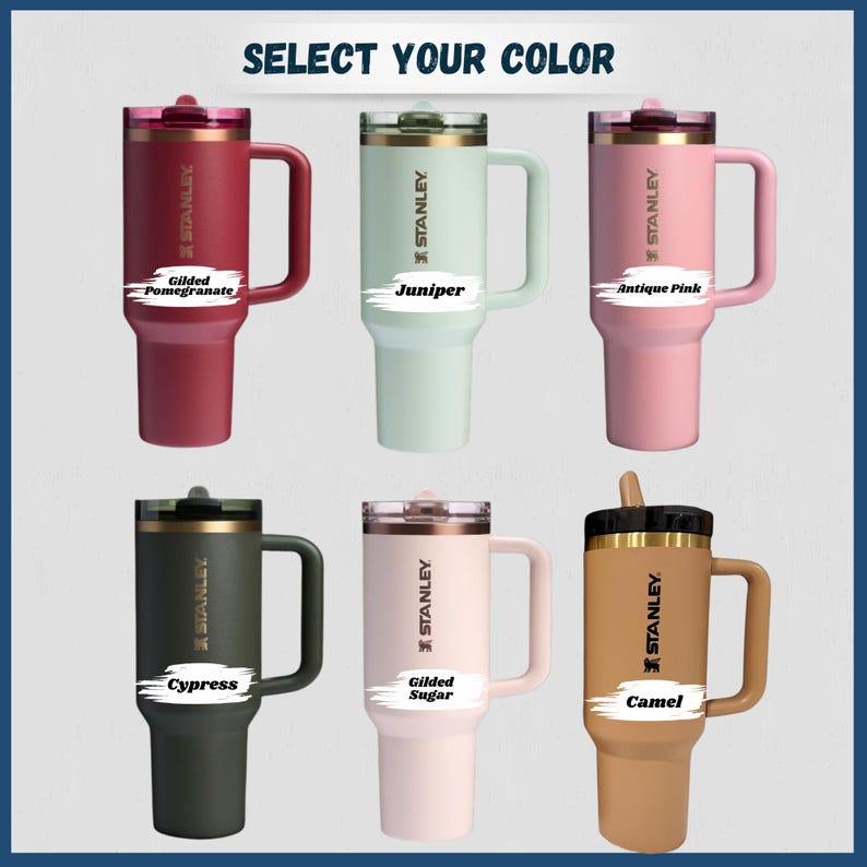 Personalized Stanley 40oz tumbler with handle and flip straw lid featuring custom name and design laser engraved on insulated stainless steel cup, perfect gift for her or him, reusable travel drinkware for hot and cold beverages with durable finish and stylish look, custom engraved tumbler ideal for birthdays, holidays and special personalized gifting