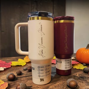 Personalized Stanley 40oz tumbler with custom engraved design, logo, or artwork. Perfect for unique gifts, branding, personal artwork, or creative drinkware.