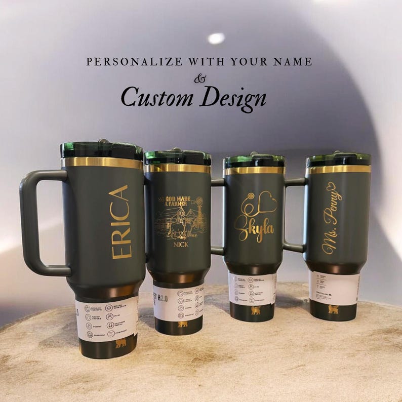 Personalized Stanley 40oz tumbler with custom engraved design, logo, or artwork. Perfect for unique gifts, branding, personal artwork, or creative drinkware.