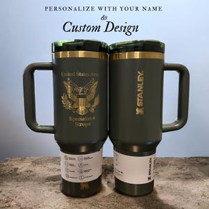 Personalized Stanley 40oz tumbler with handle and flip straw lid featuring custom name and design laser engraved on insulated stainless steel cup, perfect gift for her or him, reusable travel drinkware for hot and cold beverages with durable finish and stylish look, custom engraved tumbler ideal for birthdays, holidays and special personalized gifting